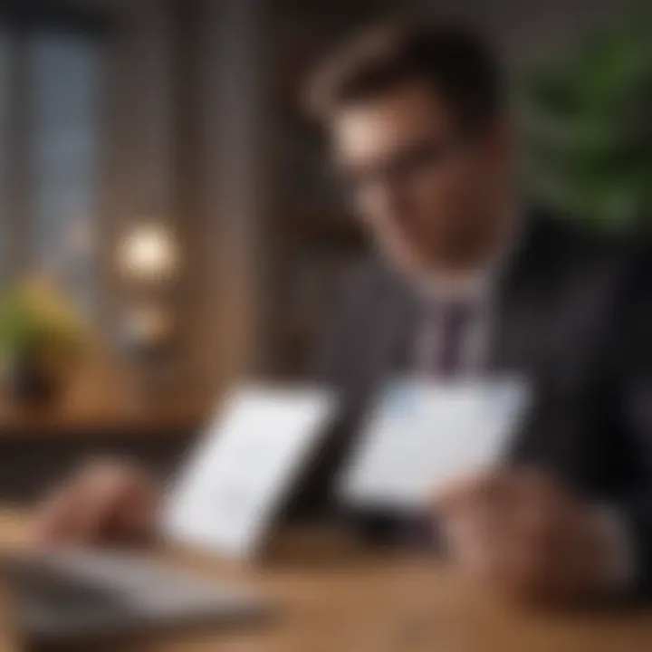 A young professional analyzing financial documents with a laptop