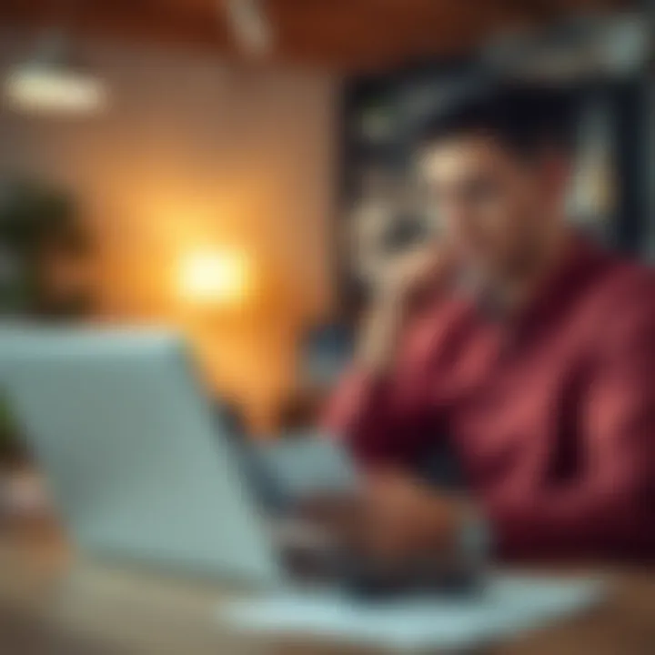 A person contemplating financial decisions with a laptop and notes.