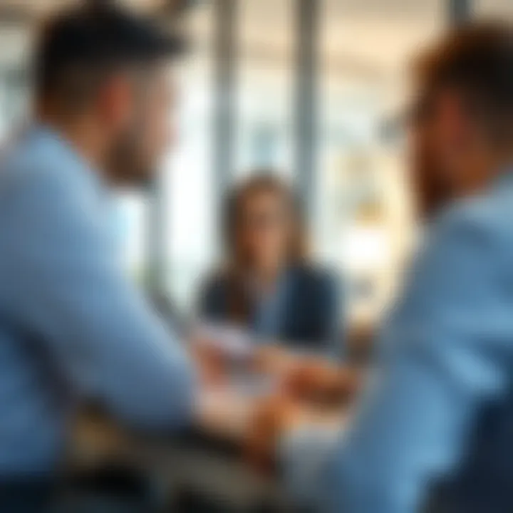 A modern office setting with a mortgage broker discussing options with clients