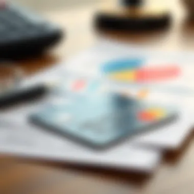 Close-up of a credit card on a desk with financial documents