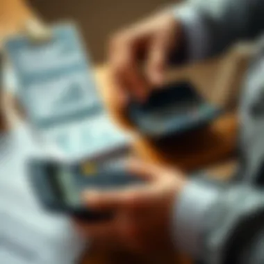 A person calculating savings using a calculator next to credit card statements