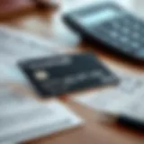 A secured credit card on a desk with a calculator and documents.