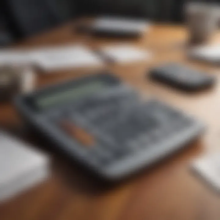 A calculator and financial documents laid out on a wooden table