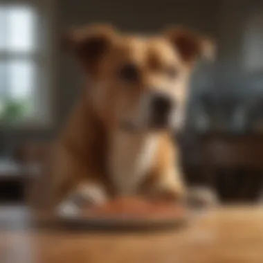 A dog eagerly awaiting its meal